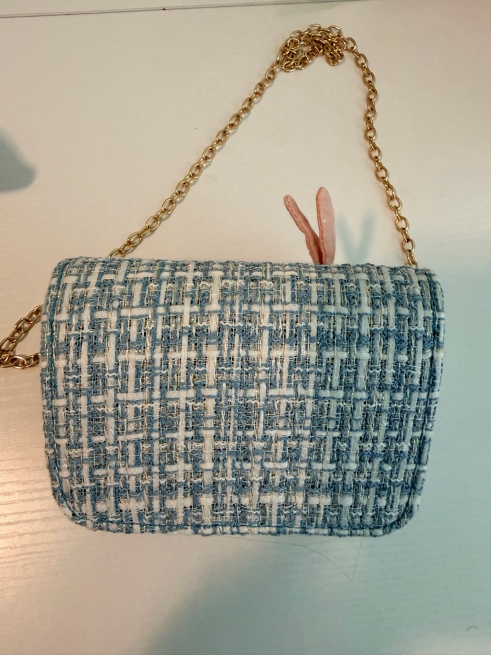 Blue Tweed Mini Crossbody Bag with Pink Floral Accents - Picture 4 of 4